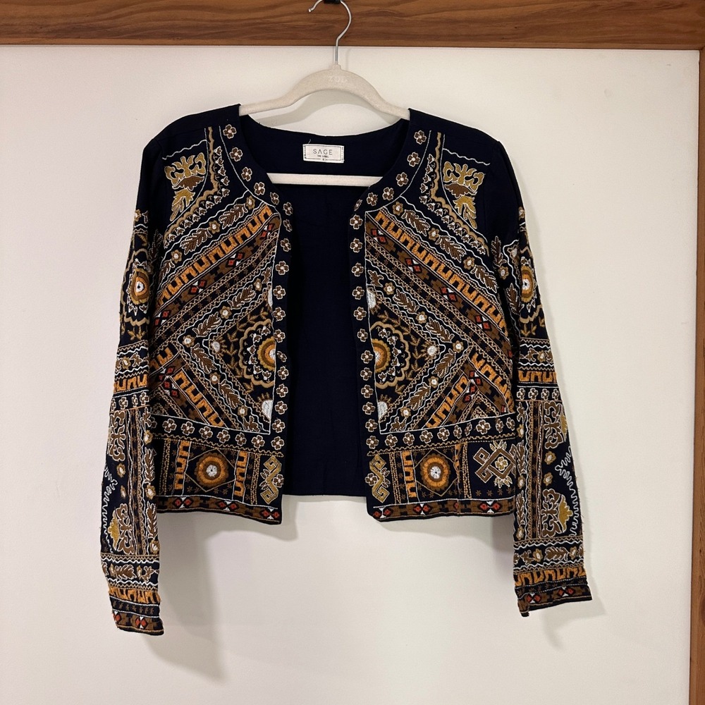 Sage The Label Embroidered Boho Jacket Womens Small Navy Blue TNSE-002 Festival